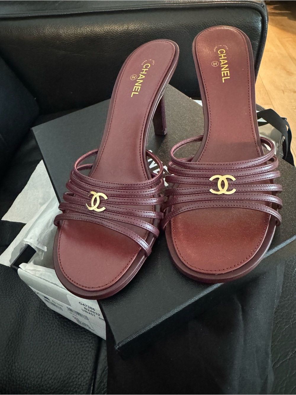 CHANEL Burgundy Multi‑Strap Slide Heels with Gold CC